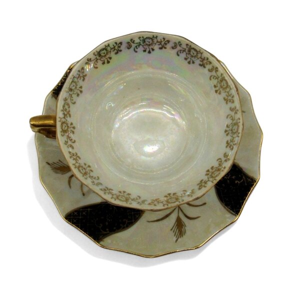 LUSTERWARE Tea CUP And Saucer With Gold Handle Black Floral Accents Japan Vintag - Picture 8 of 11